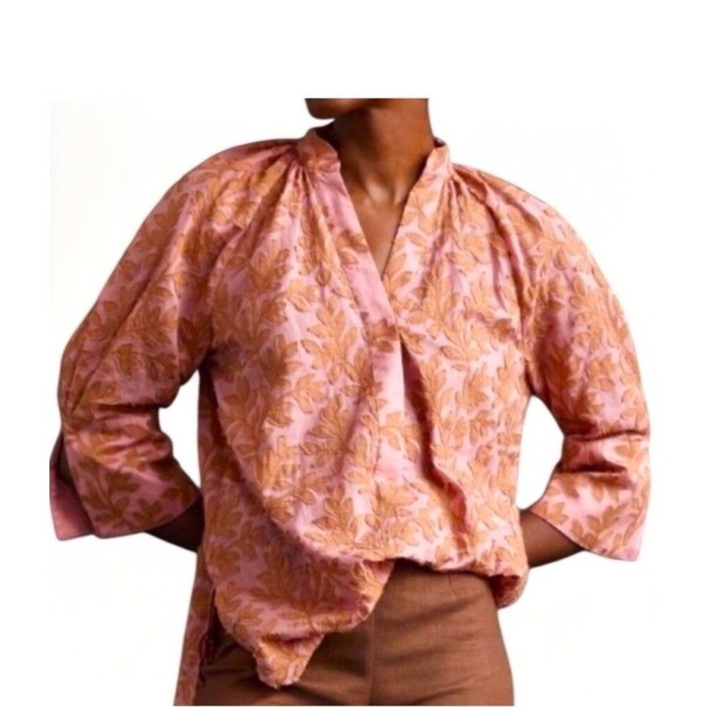 Anthropologie Embroidered Leaves Pink Popover Blouse Top Shirt Sleeves SZ S M